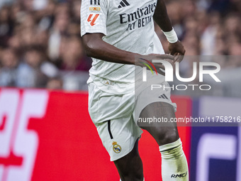 Vinicius Junior of Real Madrid CF is in action with the ball during the La Liga EA Sports 2024/25 football match between Real Madrid CF and...