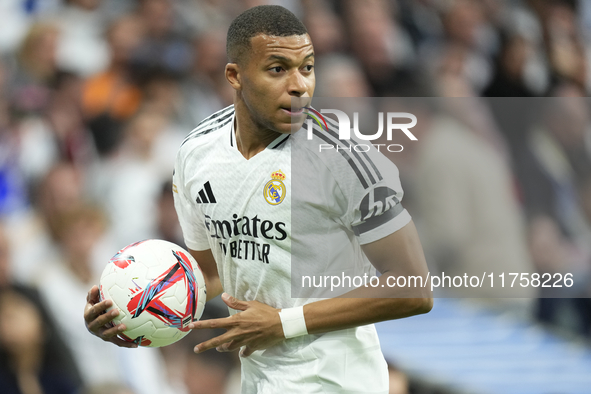 Kylian Mbappe centre-forward of Real Madrid and France during the La Liga match between Real Madrid CF and CA Osasuna at Estadio Santiago Be...