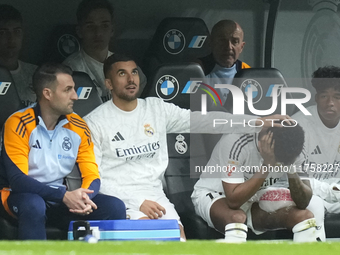 Rodrygo Goes right winger of Real Madrid and Brazil sitting on the bench dejected after his injury during the La Liga match between Real Mad...