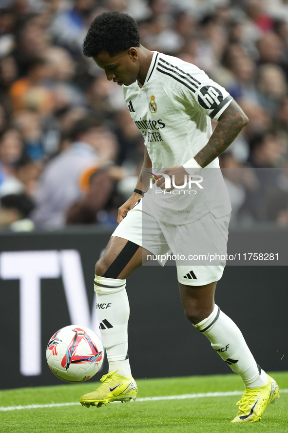 Rodrygo Goes right winger of Real Madrid and Brazil in action during the La Liga match between Real Madrid CF and CA Osasuna at Estadio Sant...