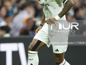 Rodrygo Goes right winger of Real Madrid and Brazil in action during the La Liga match between Real Madrid CF and CA Osasuna at Estadio Sant...