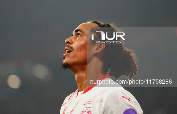 Yussuf Poulsen of Leipzig  gestures during the Bundesliga match between RB Leipzig and Borussia Mönchengladbach at Red Bull arena, Leipzig,...