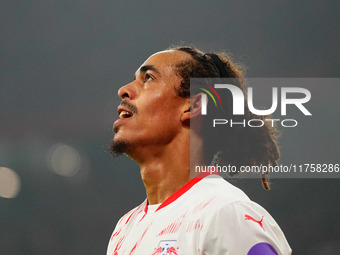 Yussuf Poulsen of Leipzig  gestures during the Bundesliga match between RB Leipzig and Borussia Mönchengladbach at Red Bull arena, Leipzig,...