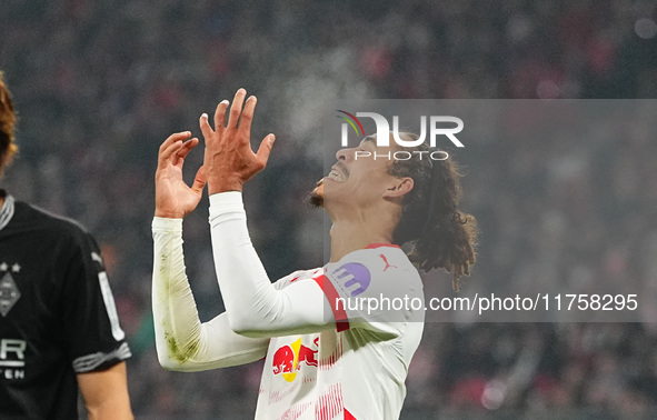 Yussuf Poulsen of Leipzig  gestures during the Bundesliga match between RB Leipzig and Borussia Mönchengladbach at Red Bull arena, Leipzig,...