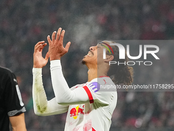 Yussuf Poulsen of Leipzig  gestures during the Bundesliga match between RB Leipzig and Borussia Mönchengladbach at Red Bull arena, Leipzig,...