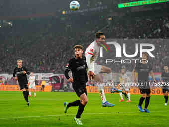 Yussuf Poulsen of Leipzig  heads during the Bundesliga match between RB Leipzig and Borussia Mönchengladbach at Red Bull arena, Leipzig, Ger...