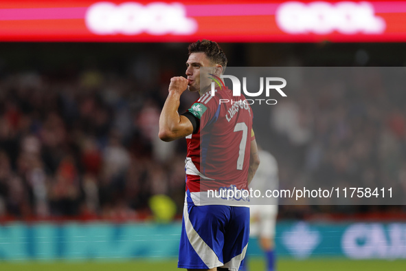 Lucas Boye of Granada CF scores the second goal of the game during the LaLiga Hypermotion match between Granada CF and CD Eldense at Nuevo L...