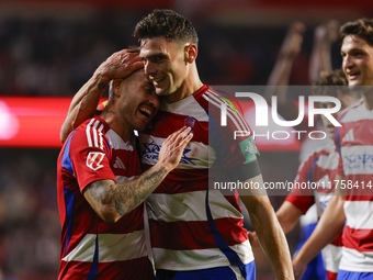 Lucas Boye of Granada CF scores the second goal of the game during the LaLiga Hypermotion match between Granada CF and CD Eldense at Nuevo L...