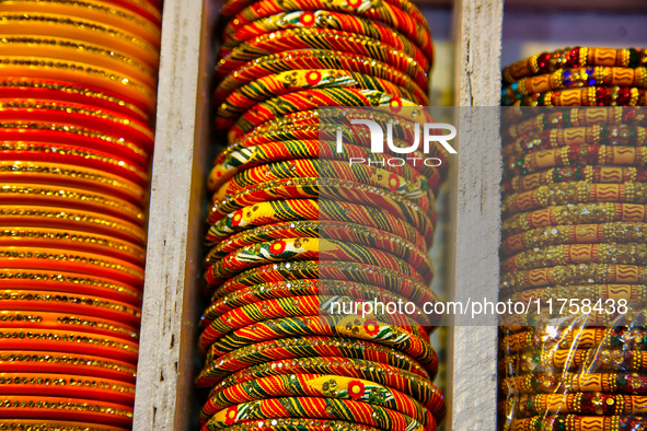 Colorful bangles are displayed at a shop in the Bhutia Bazaar (Tibetan Market) in Nainital, Uttarakhand, India, on April 19, 2024. The Tibet...