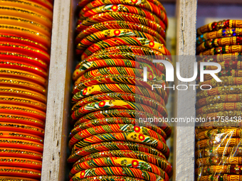 Colorful bangles are displayed at a shop in the Bhutia Bazaar (Tibetan Market) in Nainital, Uttarakhand, India, on April 19, 2024. The Tibet...