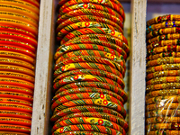 Colorful bangles are displayed at a shop in the Bhutia Bazaar (Tibetan Market) in Nainital, Uttarakhand, India, on April 19, 2024. The Tibet...