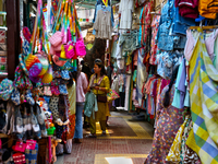 Shoppers visit the Bhutia Bazaar (Tibetan Market) in Nainital, Uttarakhand, India, on April 19, 2024. The Tibetan Market is located by Naini...