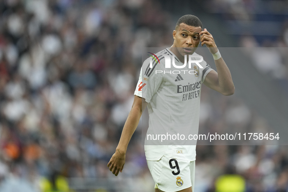 Kylian Mbappe centre-forward of Real Madrid and France reacts during the La Liga match between Real Madrid CF and CA Osasuna at Estadio Sant...