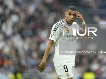 Kylian Mbappe centre-forward of Real Madrid and France reacts during the La Liga match between Real Madrid CF and CA Osasuna at Estadio Sant...