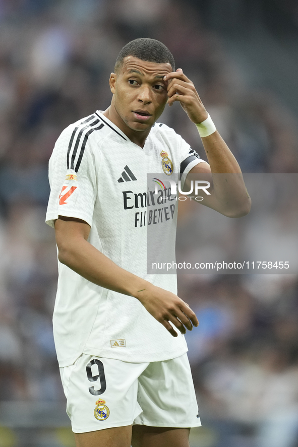 Kylian Mbappe centre-forward of Real Madrid and France reacts during the La Liga match between Real Madrid CF and CA Osasuna at Estadio Sant...