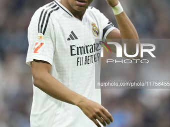 Kylian Mbappe centre-forward of Real Madrid and France reacts during the La Liga match between Real Madrid CF and CA Osasuna at Estadio Sant...