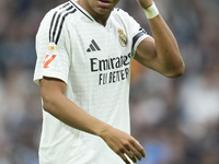 Kylian Mbappe centre-forward of Real Madrid and France reacts during the La Liga match between Real Madrid CF and CA Osasuna at Estadio Sant...