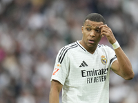 Kylian Mbappe centre-forward of Real Madrid and France reacts during the La Liga match between Real Madrid CF and CA Osasuna at Estadio Sant...