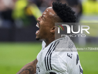 Eder Militao of Real Madrid CF is injured on the ground during the La Liga EA Sports 2024/25 football match between Real Madrid CF and CA Os...