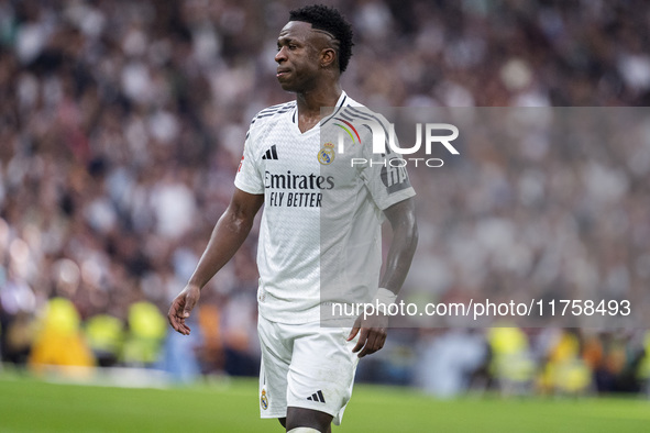 Vinicius Junior of Real Madrid CF cries after the Eder Militao injury during the La Liga EA Sports 2024/25 football match between Real Madri...