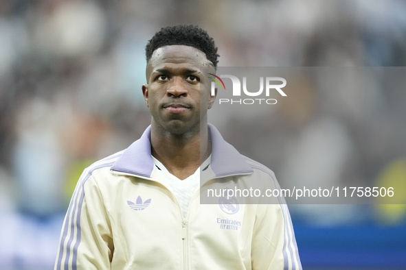 Vinicius Junior left winger of Real Madrid and Brazil prior the La Liga match between Real Madrid CF and CA Osasuna at Estadio Santiago Bern...