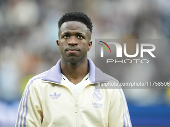 Vinicius Junior left winger of Real Madrid and Brazil prior the La Liga match between Real Madrid CF and CA Osasuna at Estadio Santiago Bern...