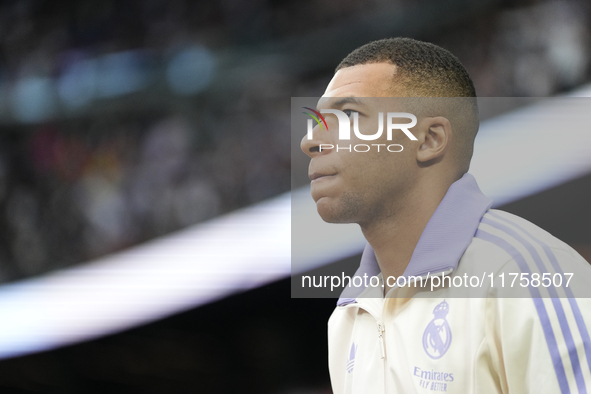 Kylian Mbappe centre-forward of Real Madrid and France prior during the La Liga match between Real Madrid CF and CA Osasuna at Estadio Santi...