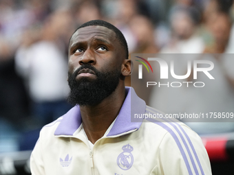 Antonio Rudiger centre-back of Real Madrid and Germany during the La Liga match between Real Madrid CF and CA Osasuna at Estadio Santiago Be...