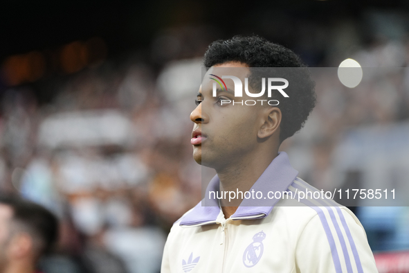 Rodrygo Goes right winger of Real Madrid and Brazil during the La Liga match between Real Madrid CF and CA Osasuna at Estadio Santiago Berna...