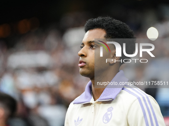 Rodrygo Goes right winger of Real Madrid and Brazil during the La Liga match between Real Madrid CF and CA Osasuna at Estadio Santiago Berna...