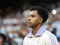 Rodrygo Goes right winger of Real Madrid and Brazil during the La Liga match between Real Madrid CF and CA Osasuna at Estadio Santiago Berna...