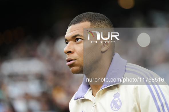 Kylian Mbappe centre-forward of Real Madrid and France prior the La Liga match between Real Madrid CF and CA Osasuna at Estadio Santiago Ber...