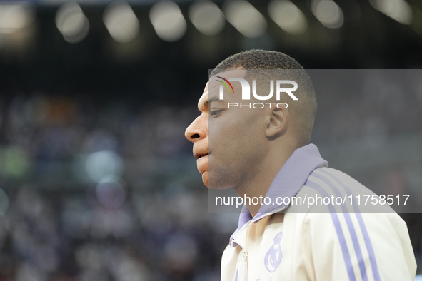 Kylian Mbappe centre-forward of Real Madrid and France prior the La Liga match between Real Madrid CF and CA Osasuna at Estadio Santiago Ber...