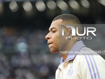 Kylian Mbappe centre-forward of Real Madrid and France prior the La Liga match between Real Madrid CF and CA Osasuna at Estadio Santiago Ber...