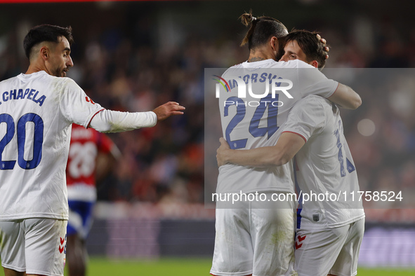 Ortuno of CD Eldense scores the second goal for his team during the LaLiga Hypermotion match between Granada CF and CD Eldense at Nuevo Los...