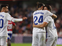 Ortuno of CD Eldense scores the second goal for his team during the LaLiga Hypermotion match between Granada CF and CD Eldense at Nuevo Los...