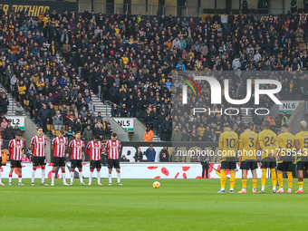 The officials and teams observe a minute's silence as they pay their respects to the fallen during the Premier League match between Wolverha...