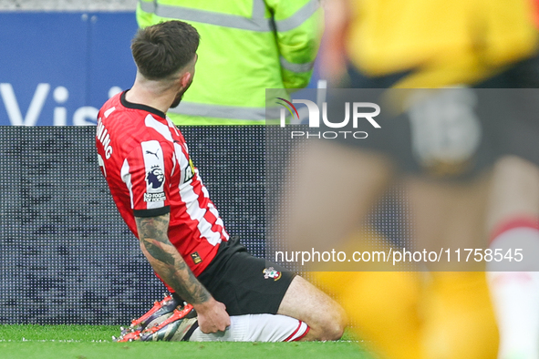 Ryan Manning of Southampton celebrates his goal (subsequently disallowed) on his knees during the Premier League match between Wolverhampton...