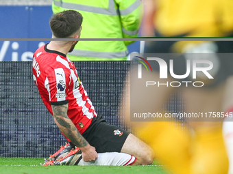 Ryan Manning of Southampton celebrates his goal (subsequently disallowed) on his knees during the Premier League match between Wolverhampton...