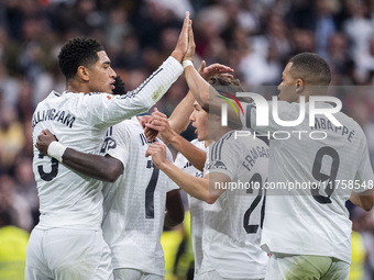 Real Madrid players (from left to right) Jude Bellingham, Vinicius Junior, Fran Garcia, and Kylian Mbappe celebrate a goal during the La Lig...