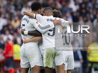 Real Madrid players (from left to right) Jude Bellingham, Kylian Mbappe, and Fran Garcia celebrate a goal during the La Liga EA Sports 2024/...