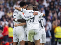 Real Madrid players (from left to right) Jude Bellingham, Kylian Mbappe, and Fran Garcia celebrate a goal during the La Liga EA Sports 2024/...