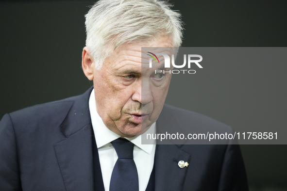 Carlo Ancelotti head coach of Real Madrid during the La Liga match between Real Madrid CF and CA Osasuna at Estadio Santiago Bernabeu on Nov...