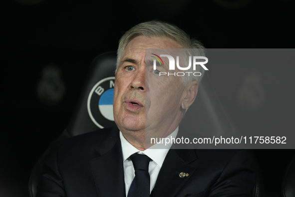 Carlo Ancelotti head coach of Real Madrid during the La Liga match between Real Madrid CF and CA Osasuna at Estadio Santiago Bernabeu on Nov...