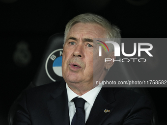 Carlo Ancelotti head coach of Real Madrid during the La Liga match between Real Madrid CF and CA Osasuna at Estadio Santiago Bernabeu on Nov...