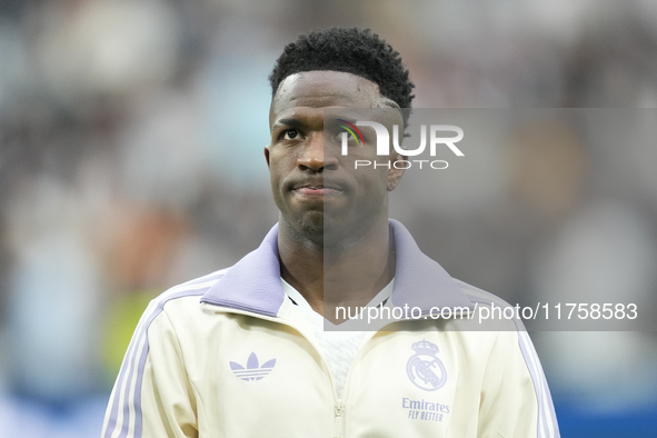 Vinicius Junior left winger of Real Madrid and Brazil prior the La Liga match between Real Madrid CF and CA Osasuna at Estadio Santiago Bern...