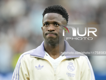 Vinicius Junior left winger of Real Madrid and Brazil prior the La Liga match between Real Madrid CF and CA Osasuna at Estadio Santiago Bern...