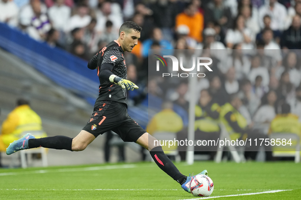 Sergio Herrera goalkeeper of Osasuna and Spain does passed during the La Liga match between Real Madrid CF and CA Osasuna at Estadio Santiag...