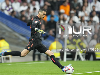 Sergio Herrera goalkeeper of Osasuna and Spain does passed during the La Liga match between Real Madrid CF and CA Osasuna at Estadio Santiag...