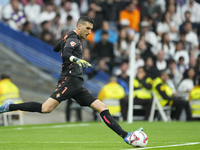 Sergio Herrera goalkeeper of Osasuna and Spain does passed during the La Liga match between Real Madrid CF and CA Osasuna at Estadio Santiag...